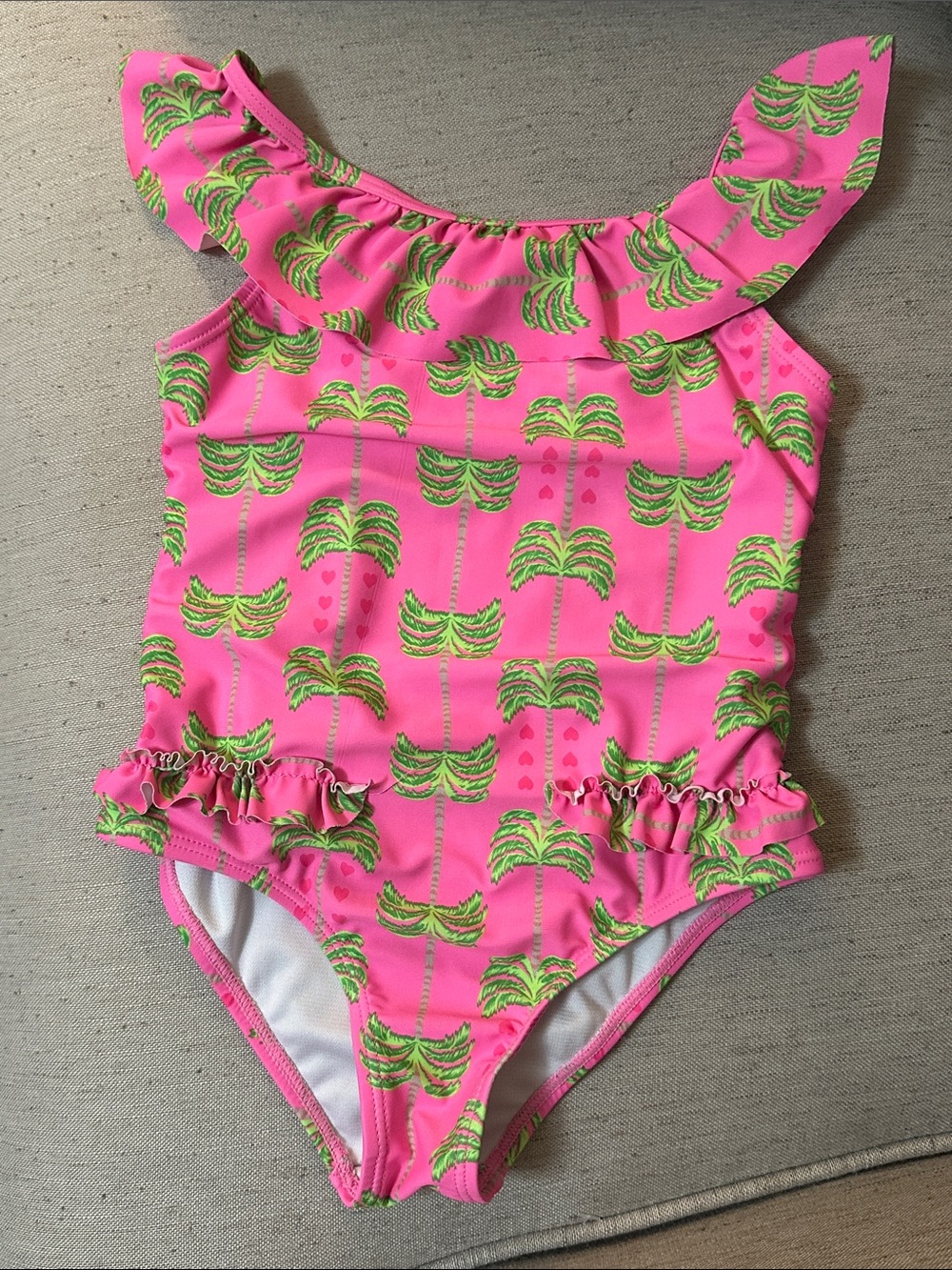 Girls' Pink Palm-Print Ruffle One-Piece Swimsuit